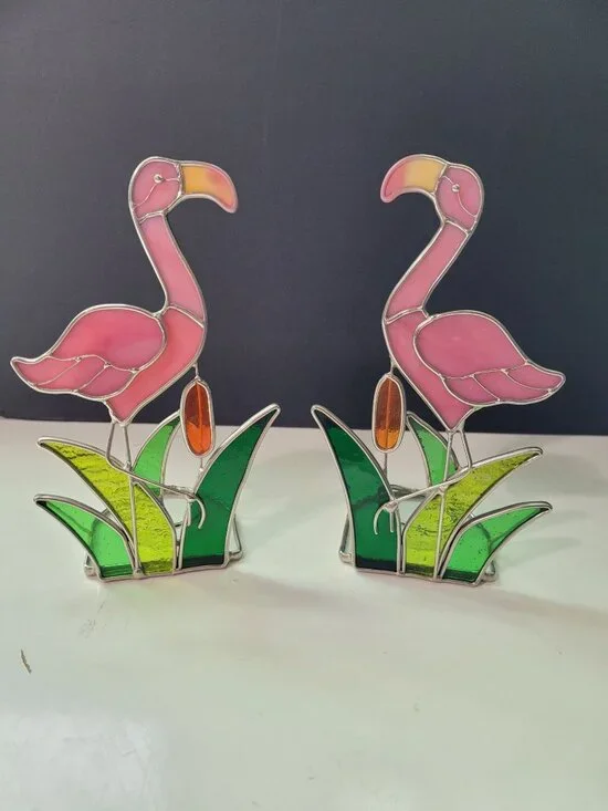 Stained Glass Flamingo Candle Holders Pink & Green 8 Inches Tall Set Of 2 - Picture 7 of 7